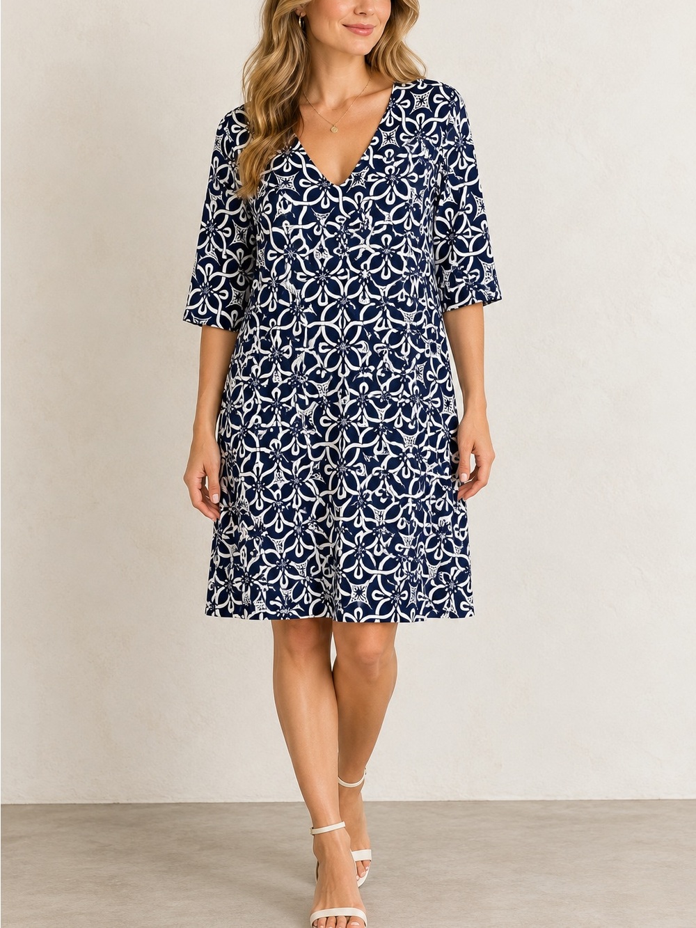 Lulu B Navy White Geometric Floral Print V Neck Stretch Dress Size XL